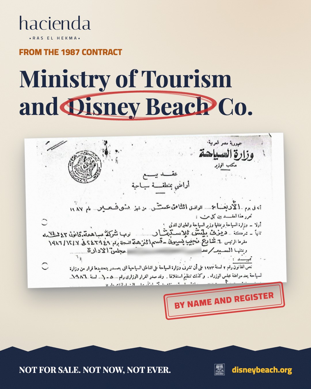 Disney Beach campaign visual on the 1987 state contract covering the land marketed as Hacienda Ras El Hekma… slide 2 of 3